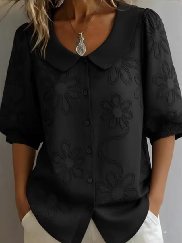 Loose-fit Retro Buttoned 3D Embroidered Floral Shirt