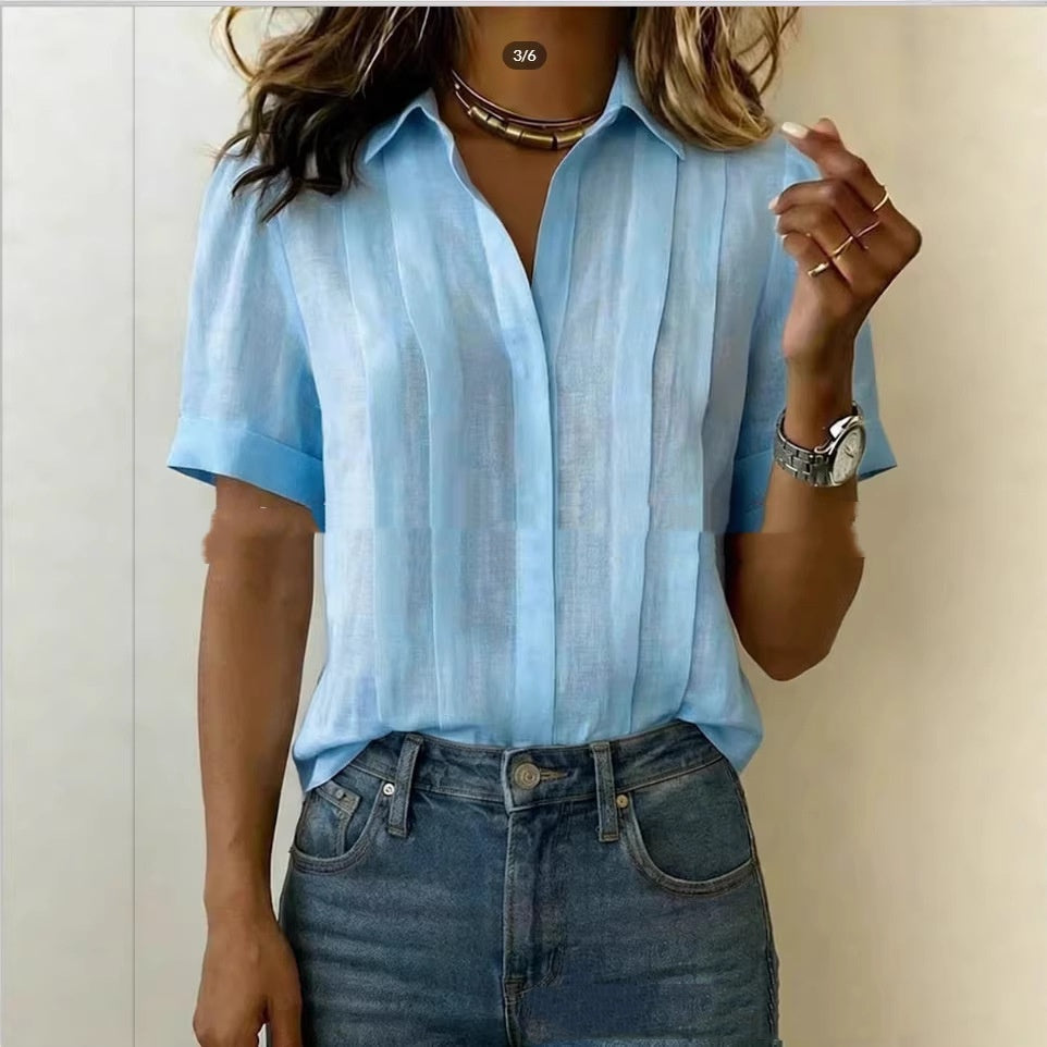 Turn-down Collar, Short-sleeve, Loose-fit Pleated Cotton Shirt