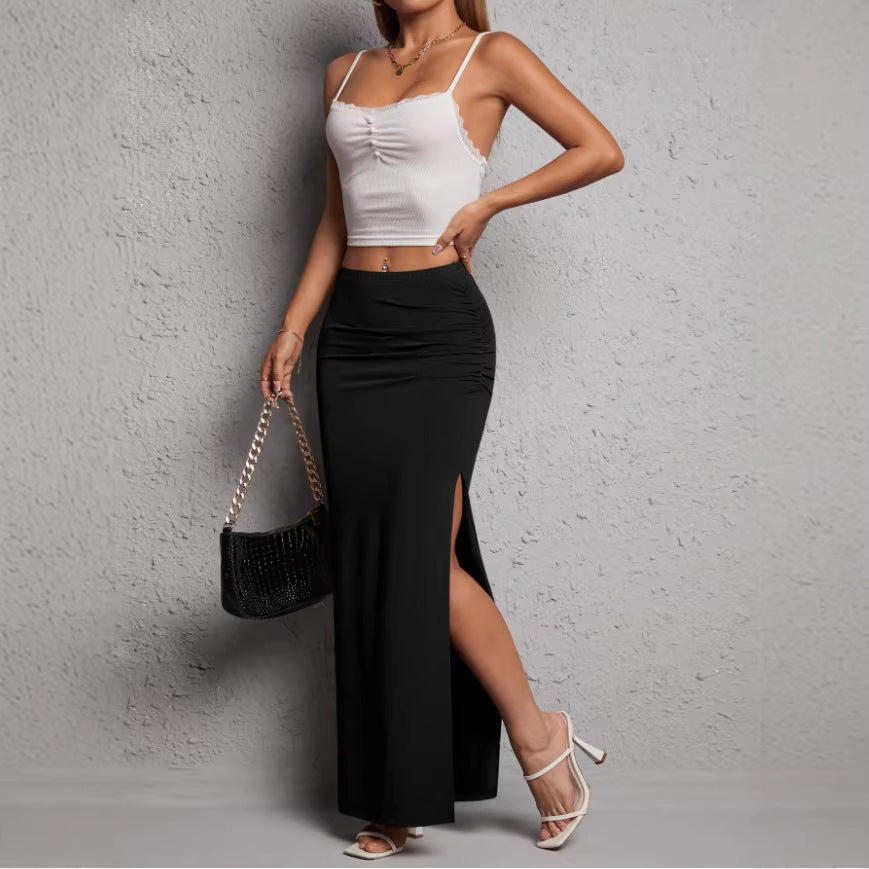 Solid-color High-waisted Elegant Pleated Slit Midi Skirt