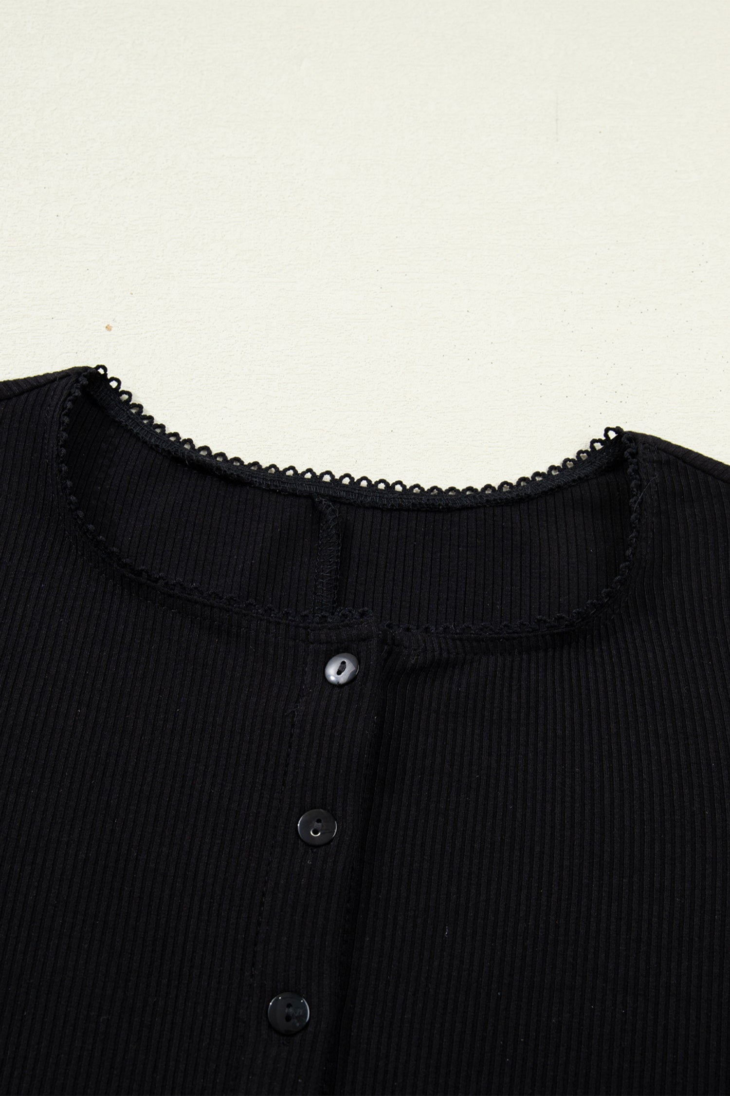 Black Solid Color Ribbed Knit Lace Trim Button Down Short Sleeve Top