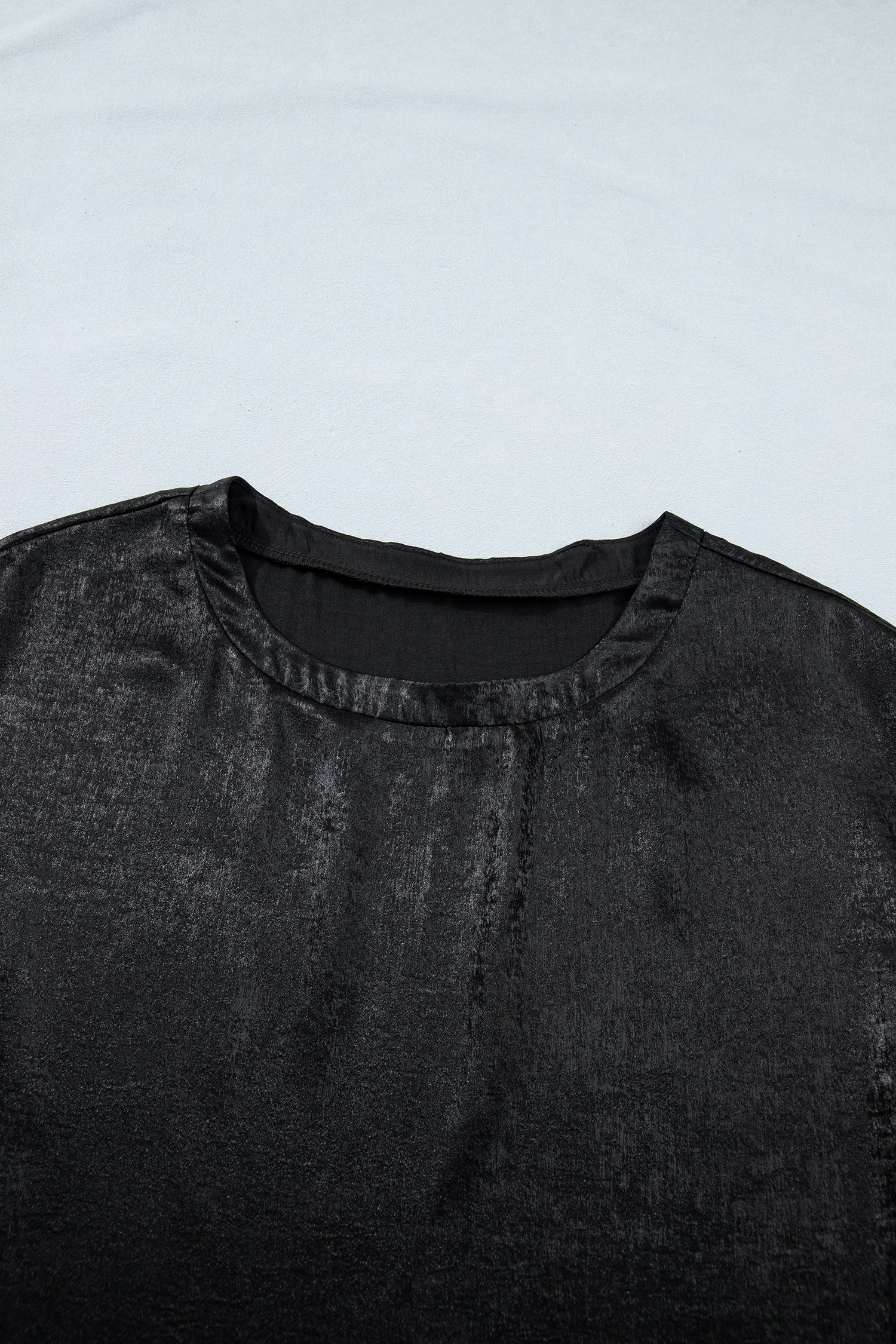 Black Metallic Round Neck Cap Sleeve Tee