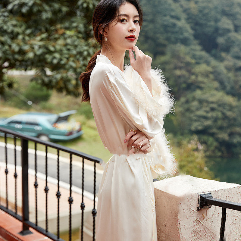 Bride's Ice Silk Cuff Feather Decoration Wedding Morning Robe
