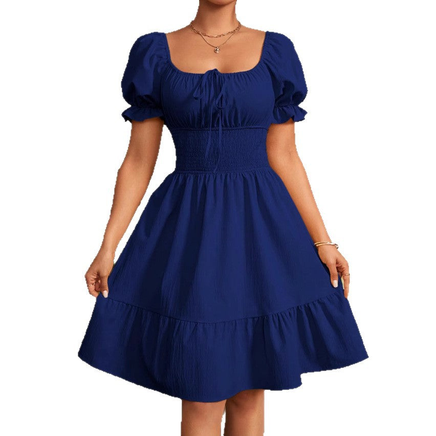 Pleated Ruffle A-line Dress With A Square Neckline And Short Sleeves