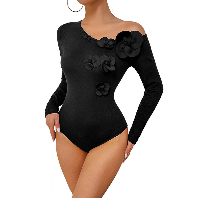 Diagonal Collar Single-shoulder Suspender Long-sleeved Tight Jumpsuit