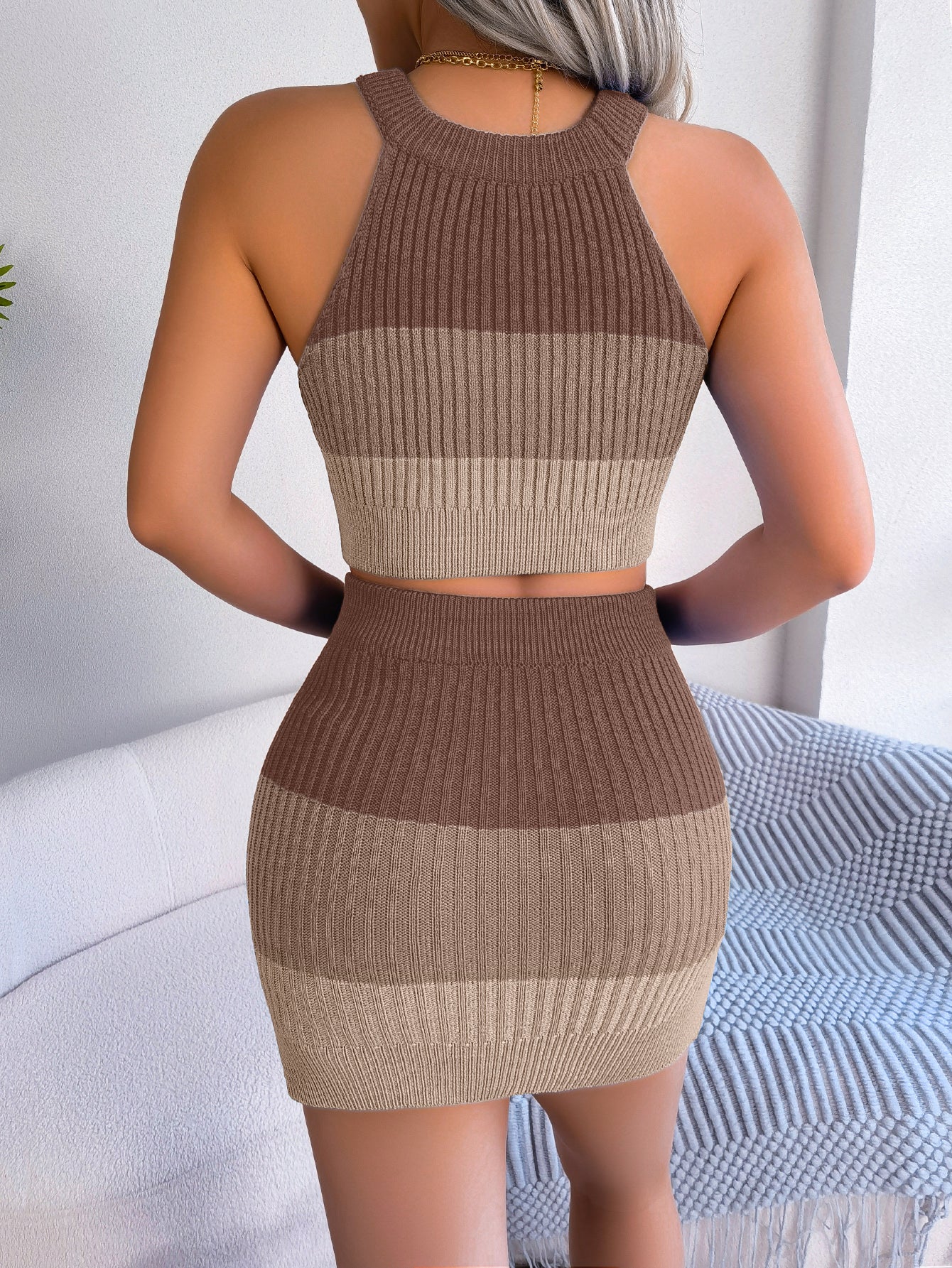 Women Fashion Gradient Cropped Top & Bodycon Skirt Knit Set