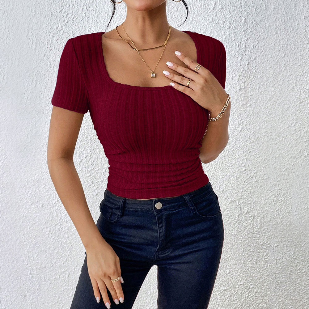 T-shirt With A Mature And Elegant Style Wine-red Short-sleeved Top