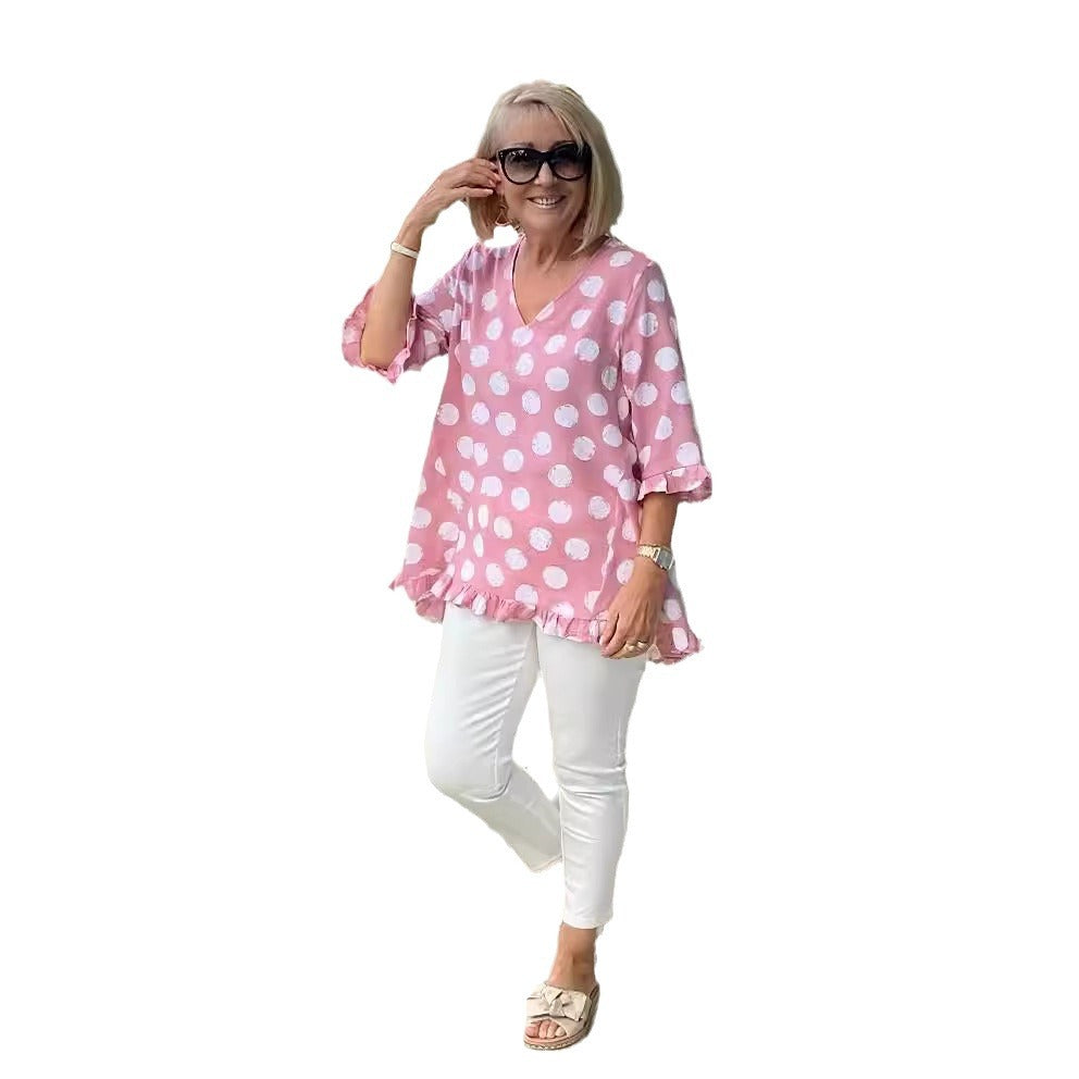 Short Sleeve V-collar Polka Dot Printed Cotton And Linen T