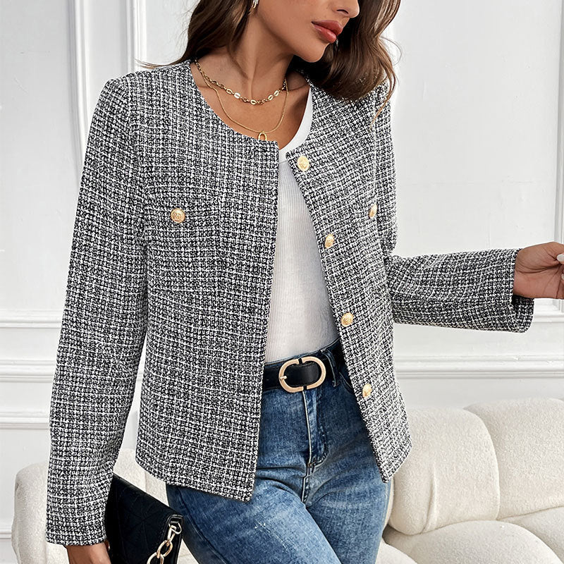 Loose Metal Button Single-breasted Plaid Coat For Women