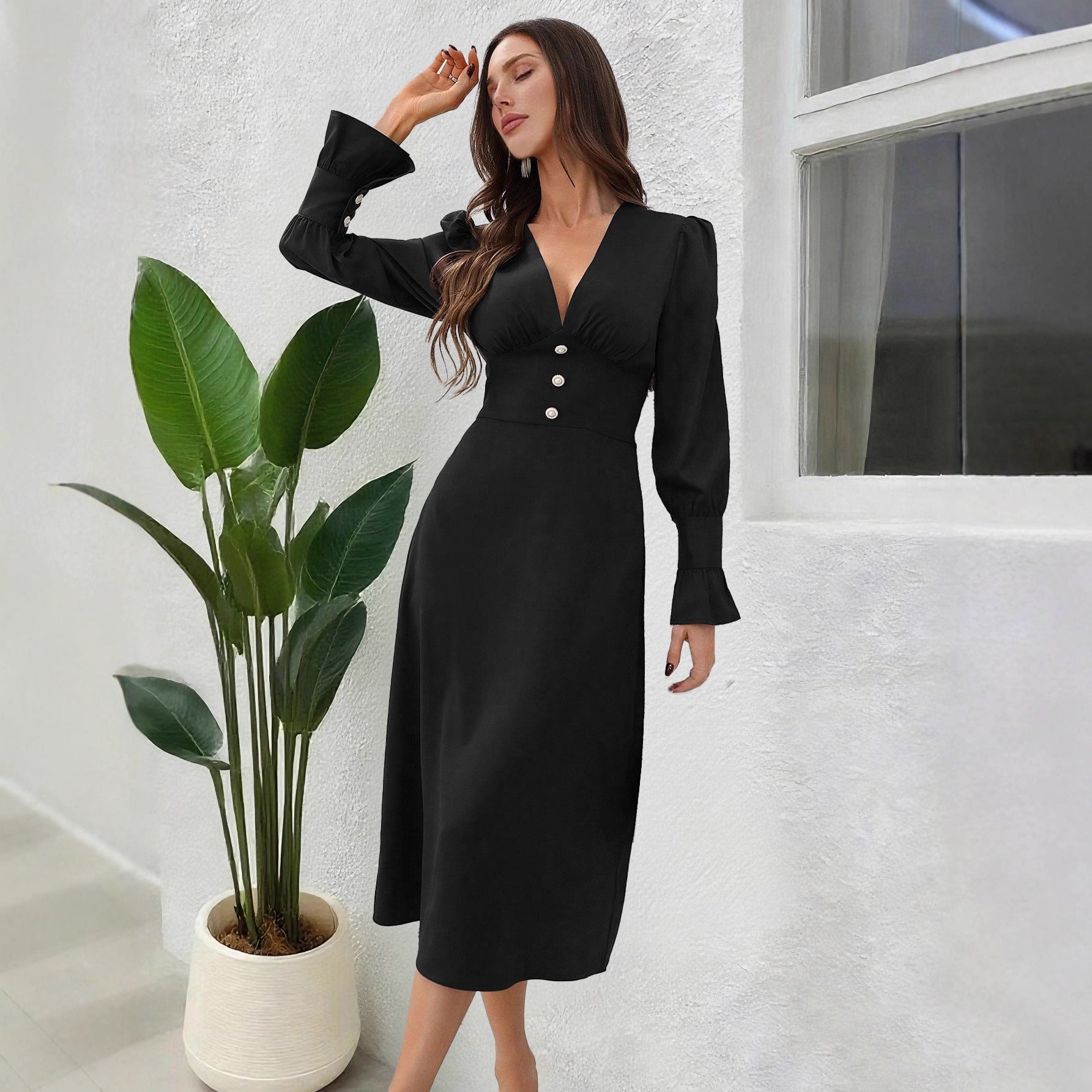 Autumn Casual V-Neck Shirt Dress