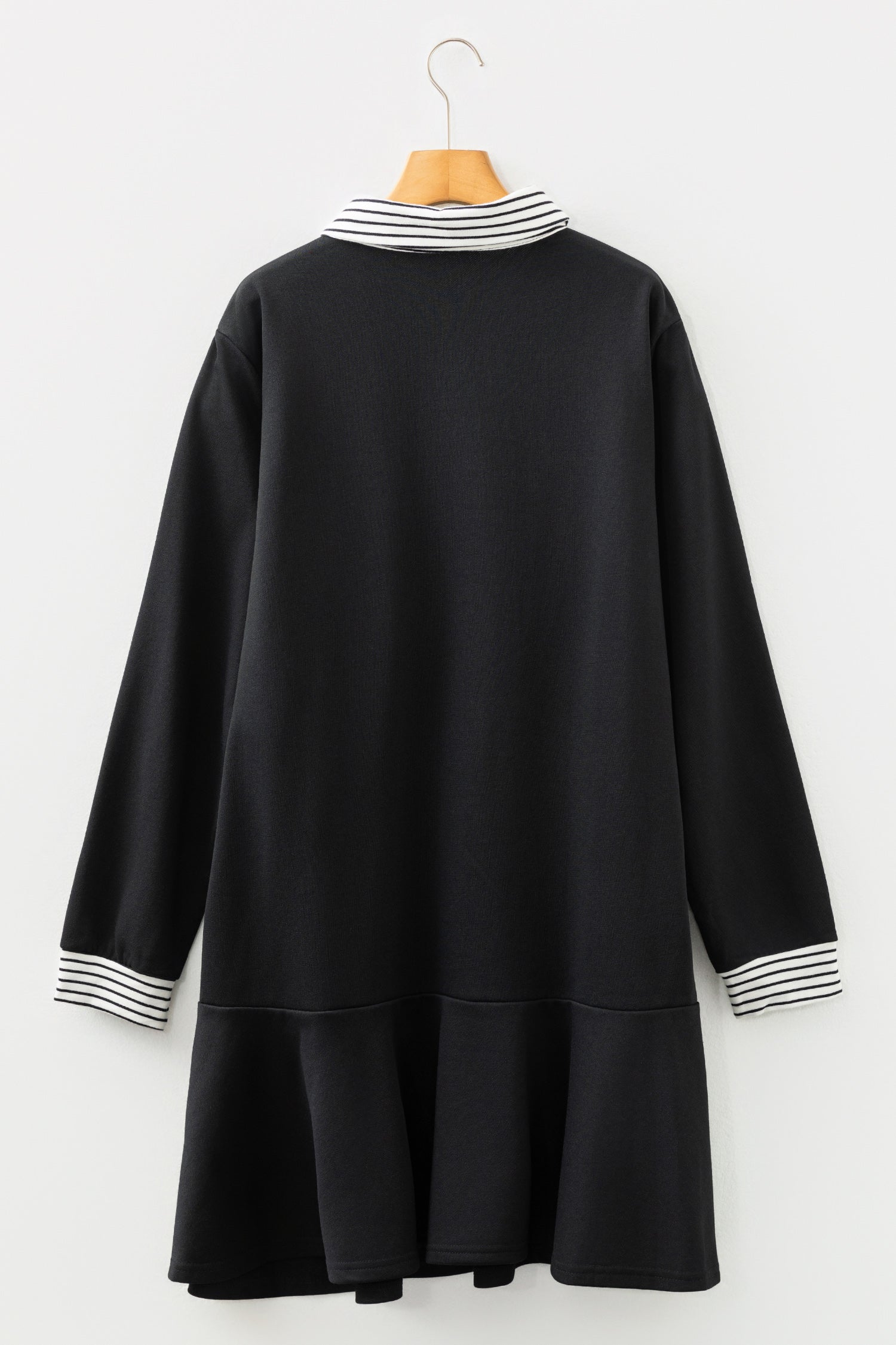 Black Plus Size Striped Cuffs Polo Collar Patchwork Long Sleeve Ruffle Hem Dress