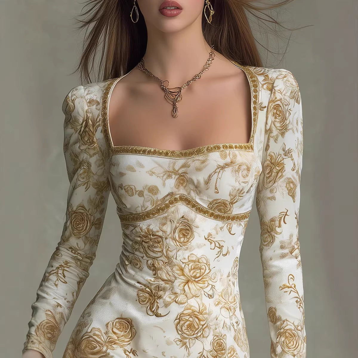 French Retro Floral Print Square-Neck Backless Dress