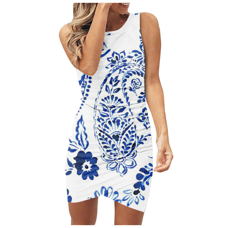 Women's Pleated Printed Polyester Dress