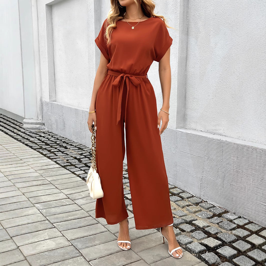 Womens Elegant Commuter Solid-Color Wide-Leg Straight-Jump Suit