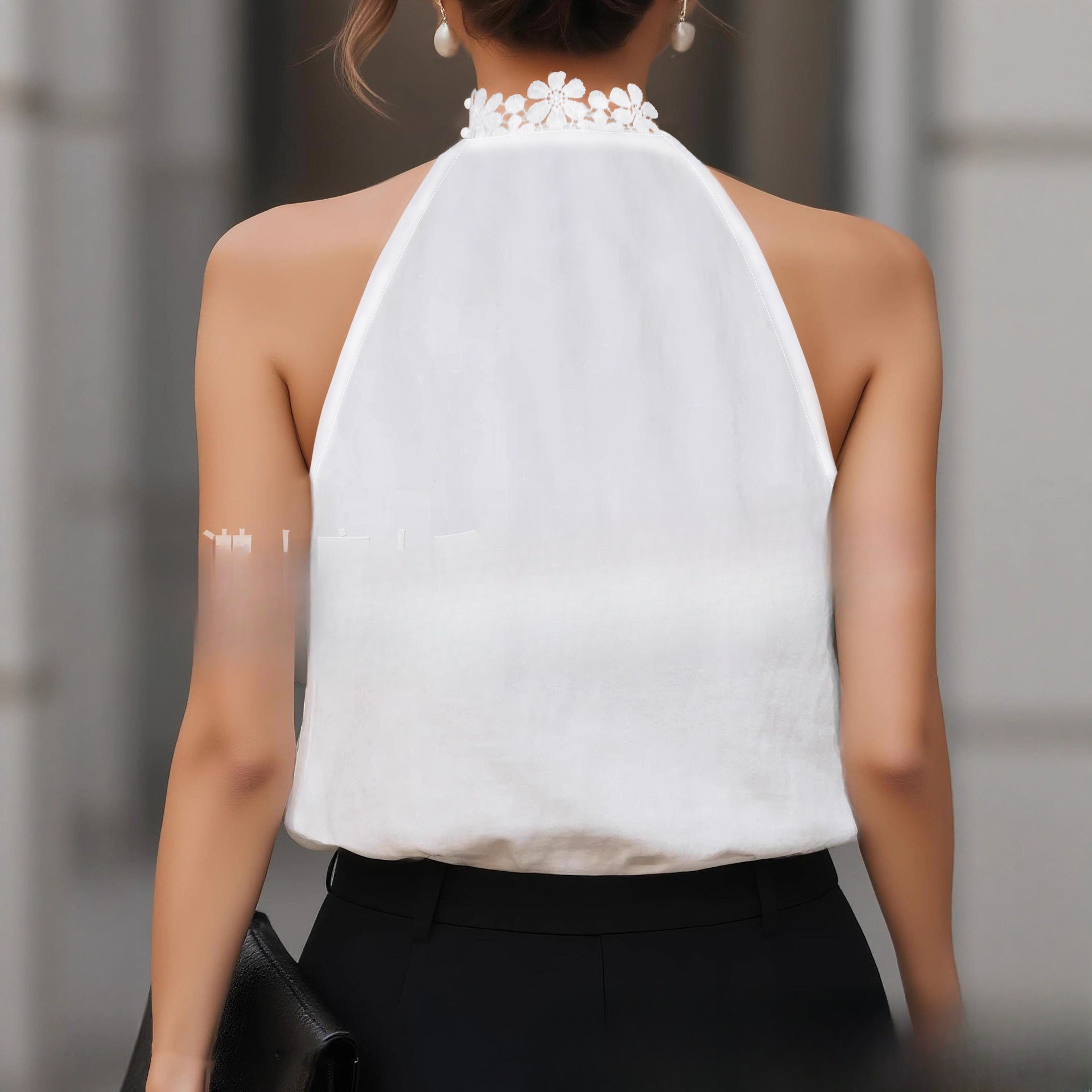 White High-neck Lace Floral Silk Sleeveless Casual Vest