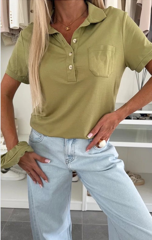 Women's Polo Collar Solid Color Pocket Short Sleeve T-shirt
