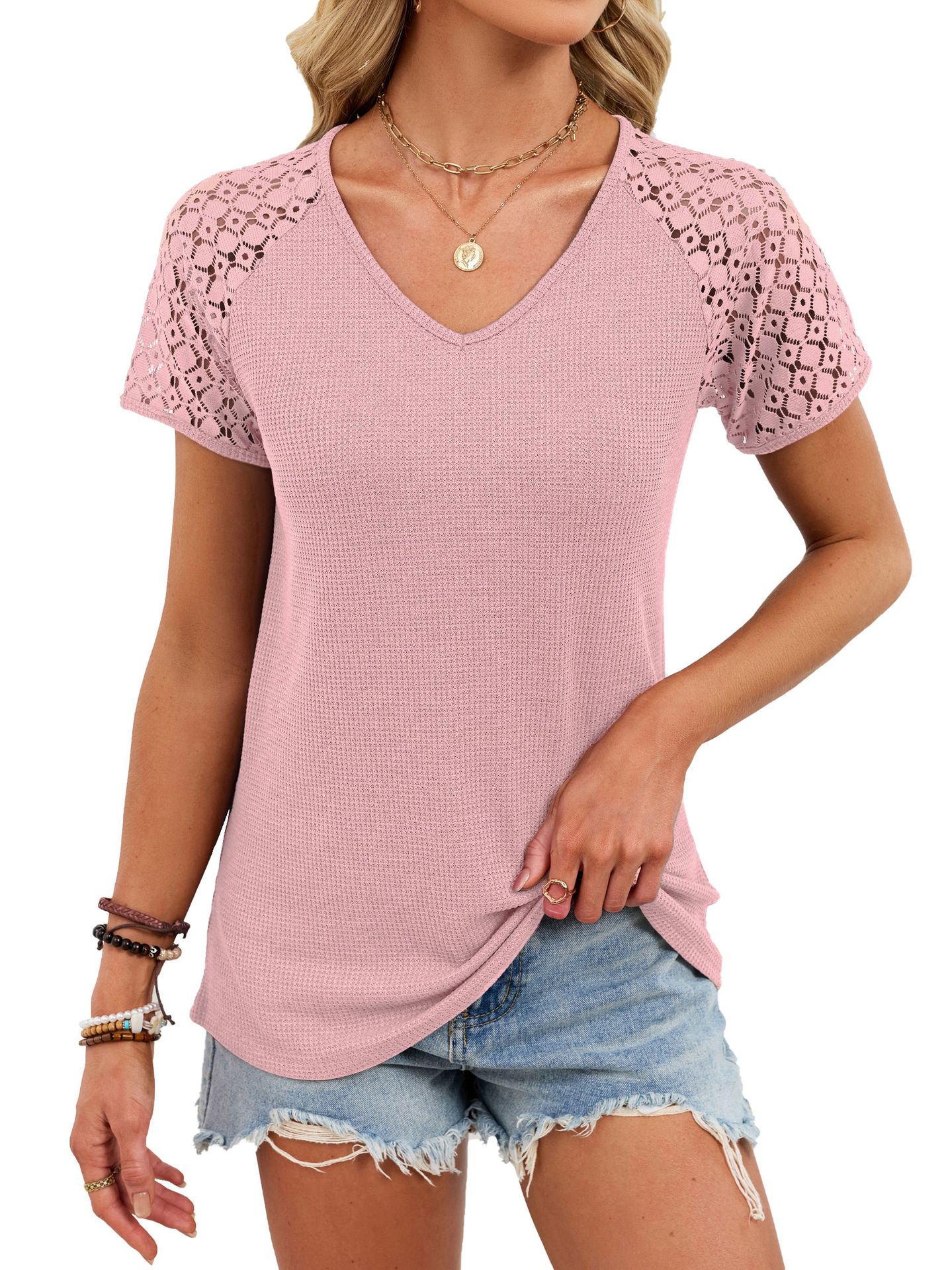 V-Neck Waffle-Knit Grace Panel-Sleeve Casual Womens T-Shirt