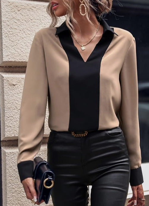 Camicia a maniche lunghe top casual con scollo a V da donna