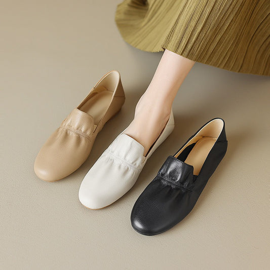Giant Soft Cowhide Square Head One Foot Pedal Lefu Shoes Womens New Soft Sole Granny Shoes Flat Heel Single Shoes