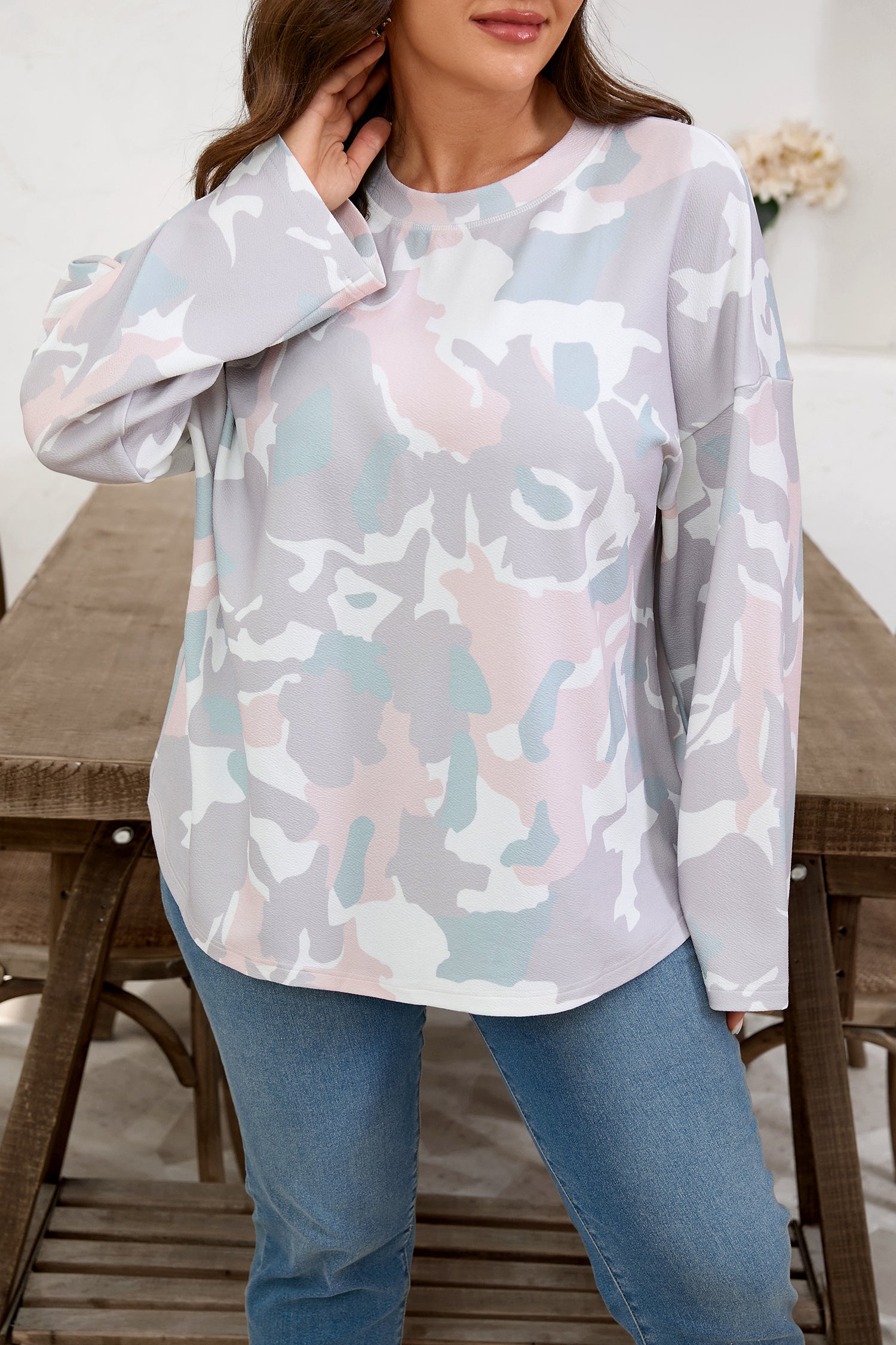 Green Plus Size Camouflage Print Drop Shoulder Loose Pullover Top
