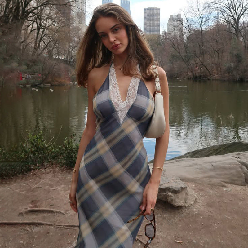 Womens Fashionable And Sexy Lace Plaid Dress