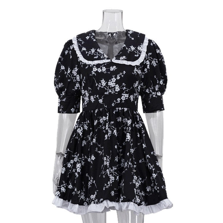 Womens Fashionable Printed Shawl Collar Patchwork Short-Sleeve Waist-Cinching Dress