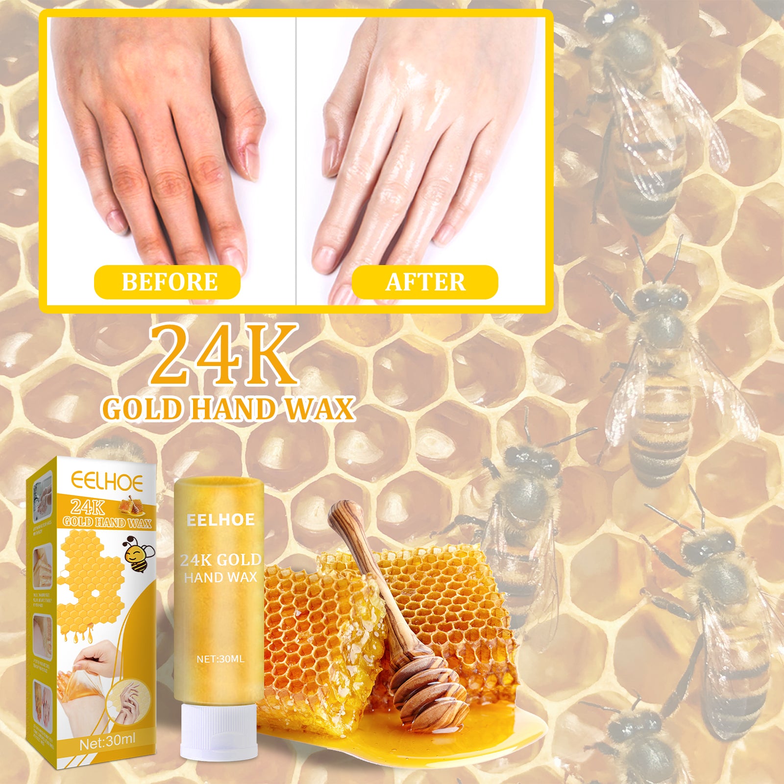 24k Gold Hand Mask, Moisturizing And Exfoliating Delicate Hands Care Honey Hand Mask