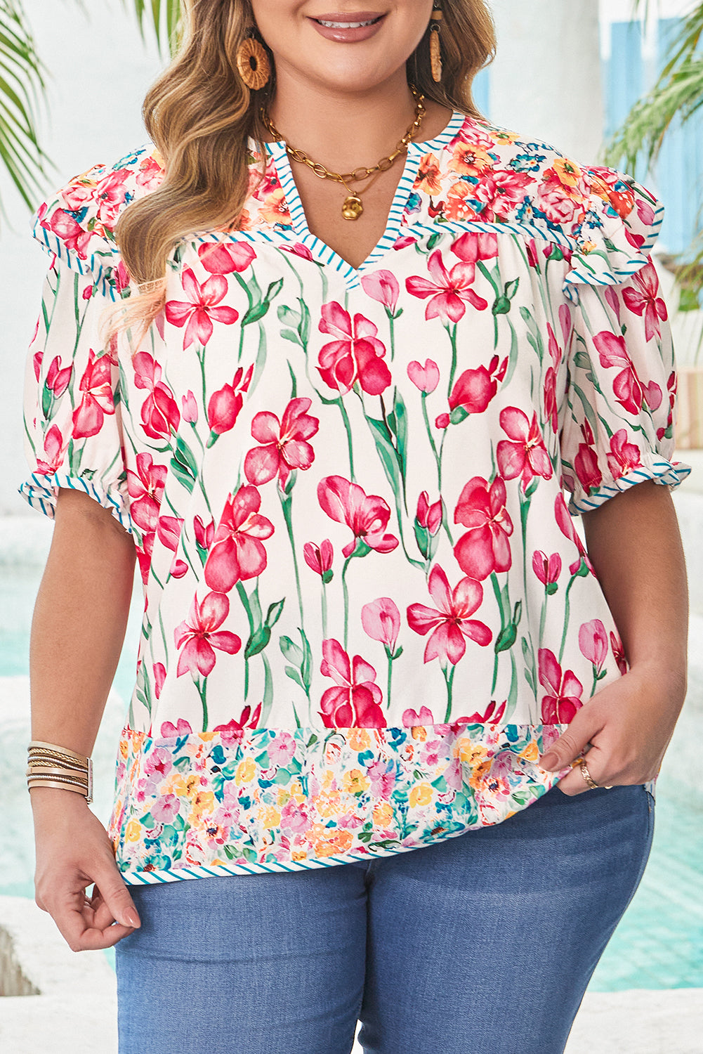 Pink Plus Size Floral Print Striped Trim V Neck Blouse