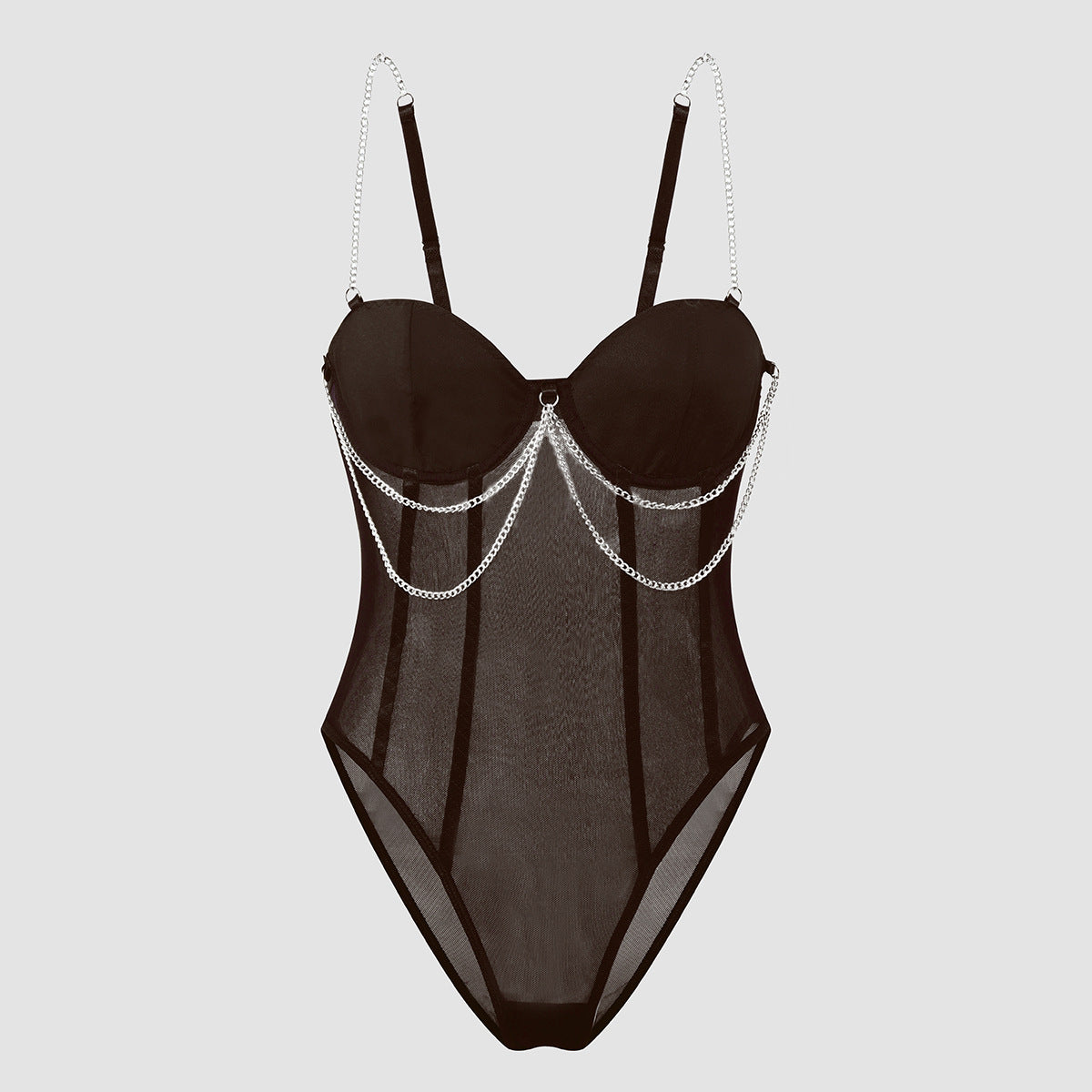 Womens Lace Mesh Sheer Jumpsuit With A Designer Metal Chain Strap Design