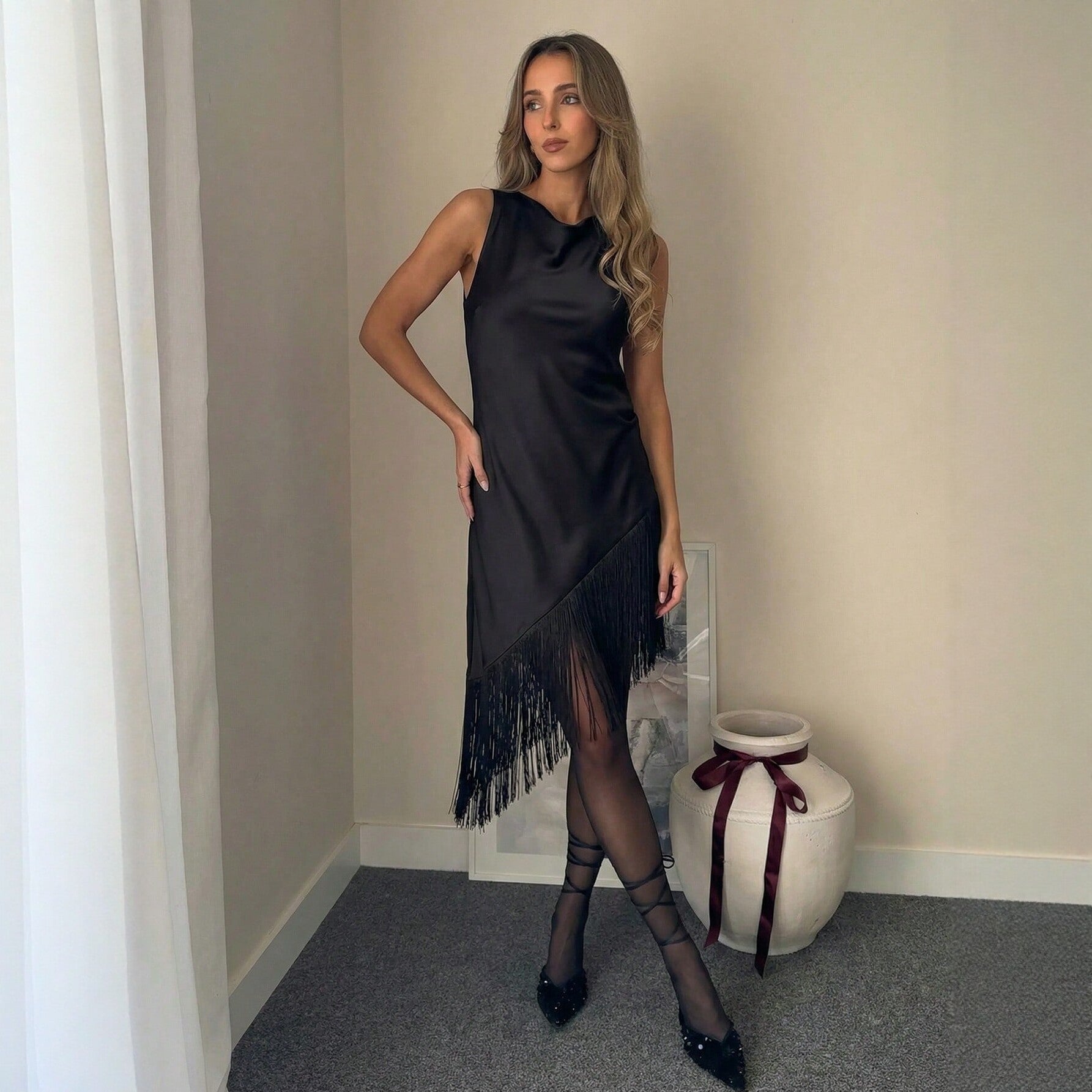 Sleeveless Tassel Dress Womens High-waisted