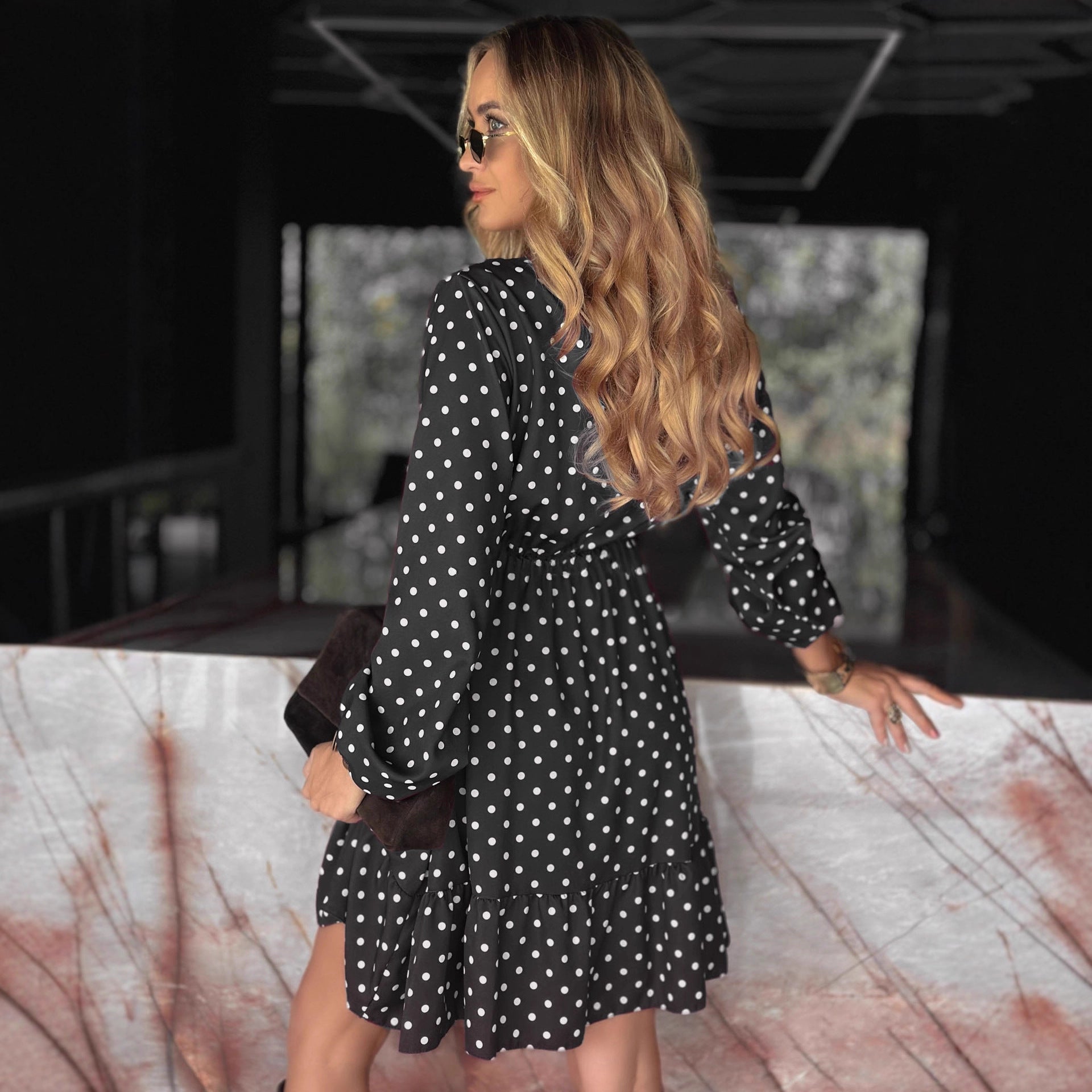 Womens Fashion Polka-Dot V-Neck Long-Sleeve Elastic-Waist Dress