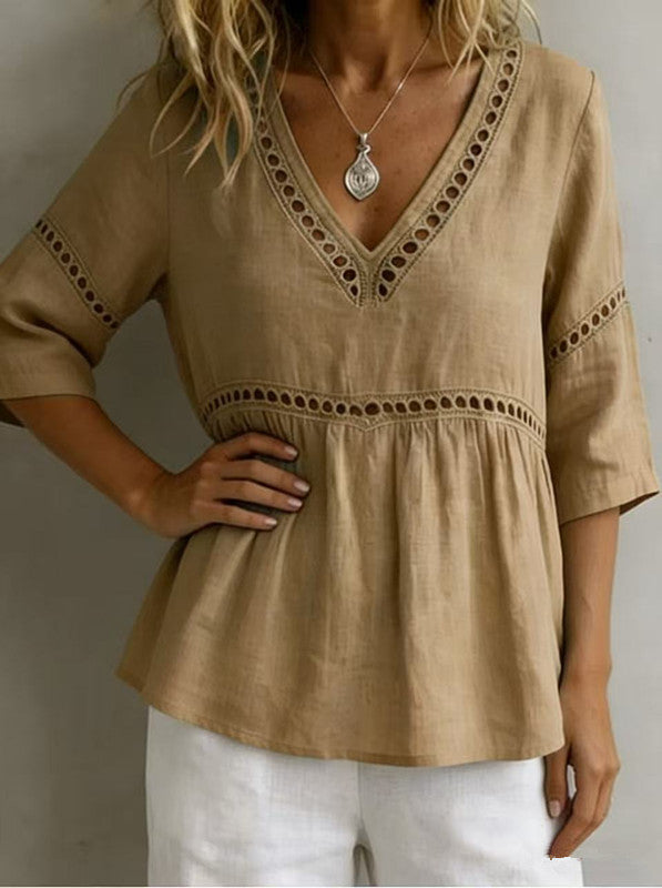 Solid-color V-neck Hollow-out Casual Fringed Top