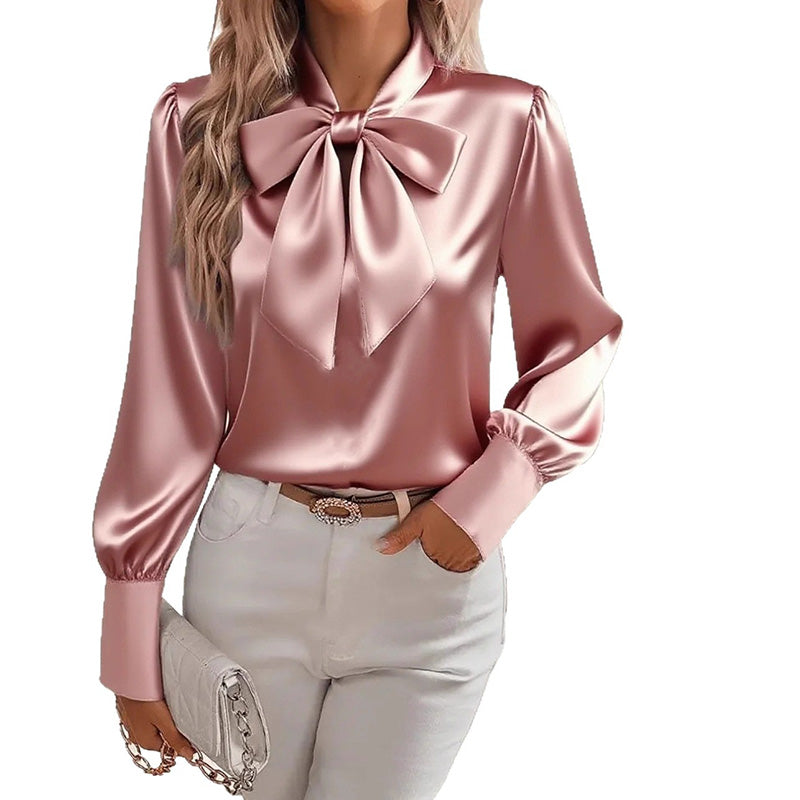 Women's Solid Color Satin Long Sleeve Casual Shirt With Bow Decor Blouse Spring Fall Daily Wear Top