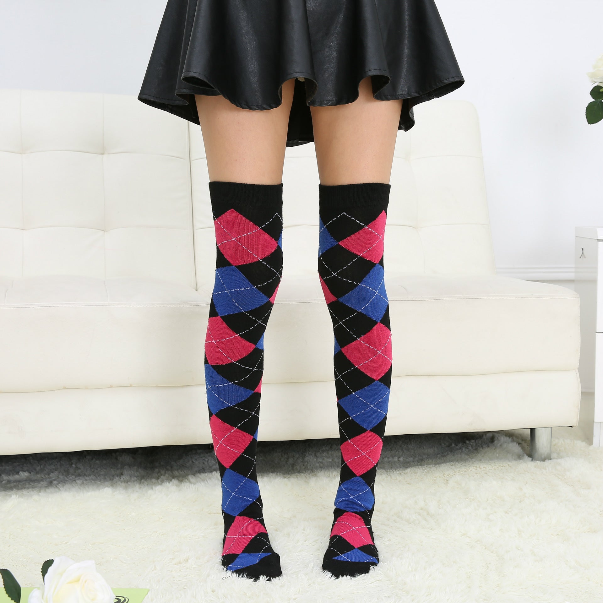 Style diamond plaid over the knee stockings