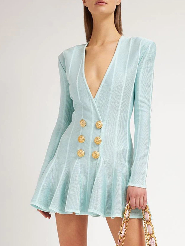 Short Tweed Dress With Gold-Tone Buttons Sexy Green Striped V-Neck Zip Mini Dresses Fall Women's Clothing Streetwear