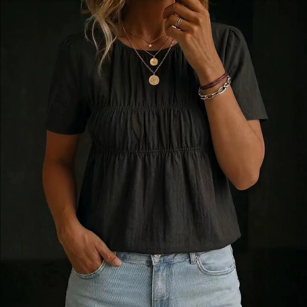Women's Pleated Crew-Neck Short-Sleeve Top T-Shirt