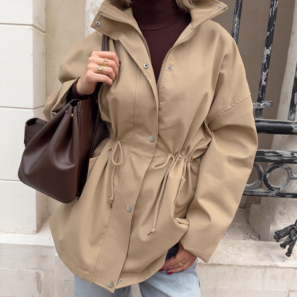 Drawstring Trench Khaki Waist Mid-length Coat