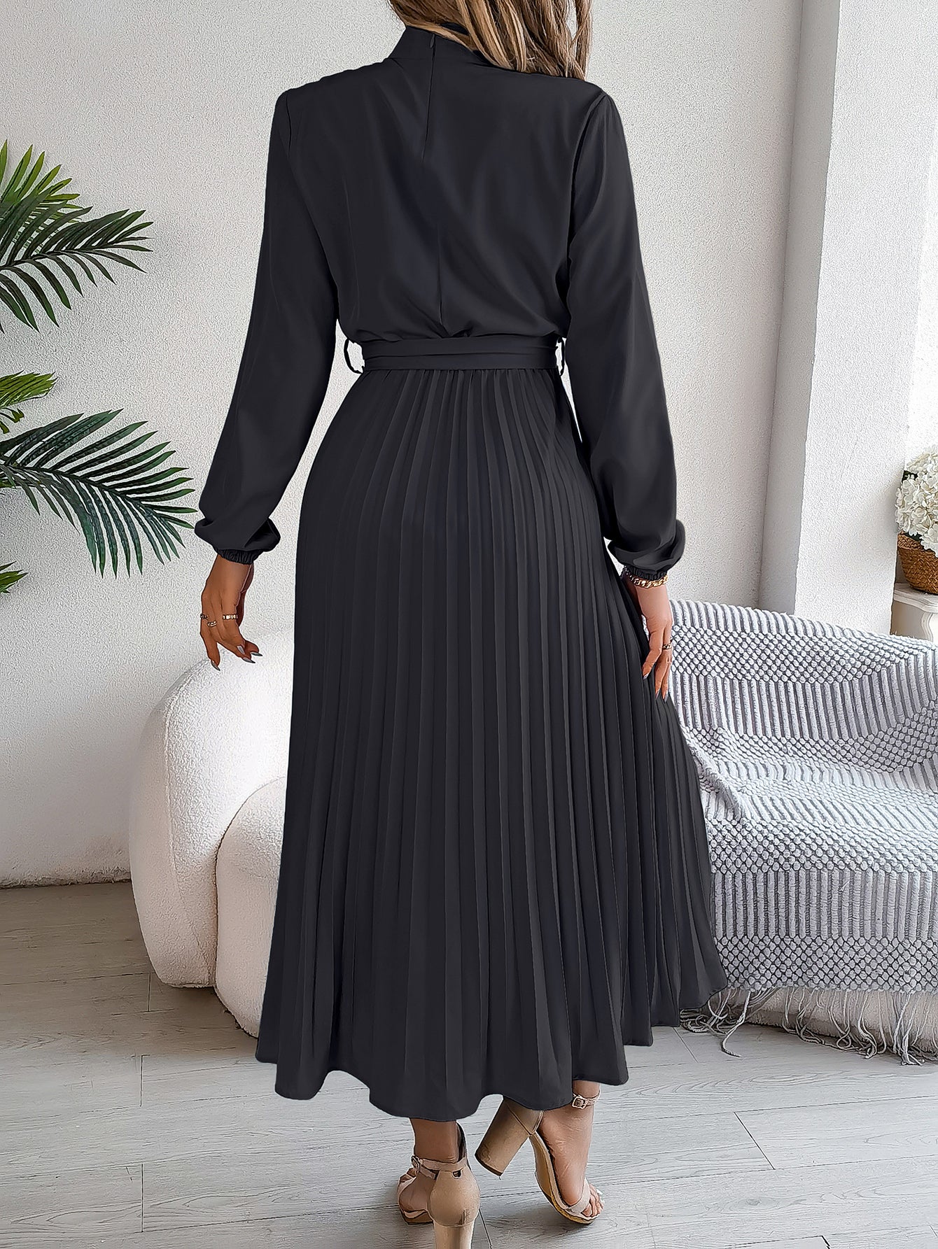 Women's Elegant Stand Collar Long Sleeve Tie Waist Pleated Maxi Evening Dress