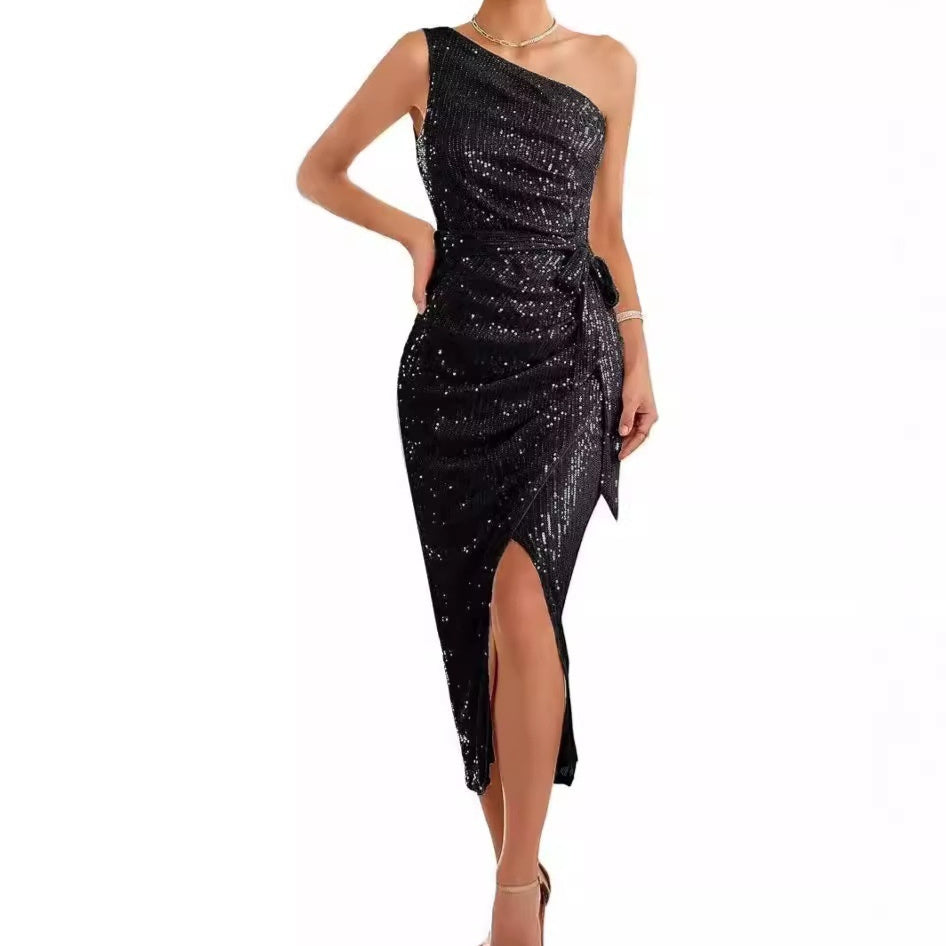 Womens Sleeveless One-shoulder Sequin Dress