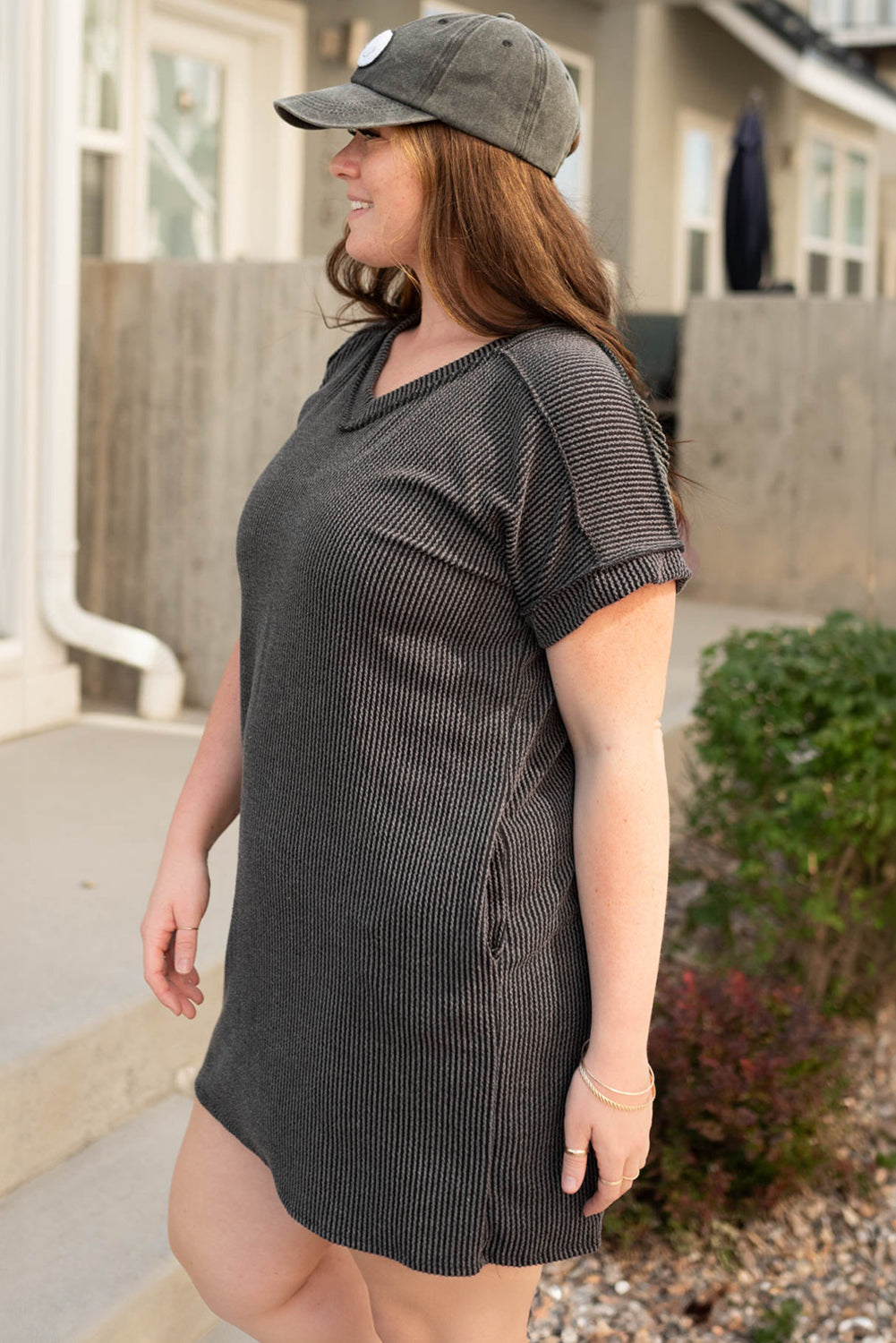 Carbon Grey Corded V Neck Plus Size T Shirt Dress with Pockets