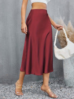 Women's Fashion Solid Color A- Hem Satin Sheath Skirt