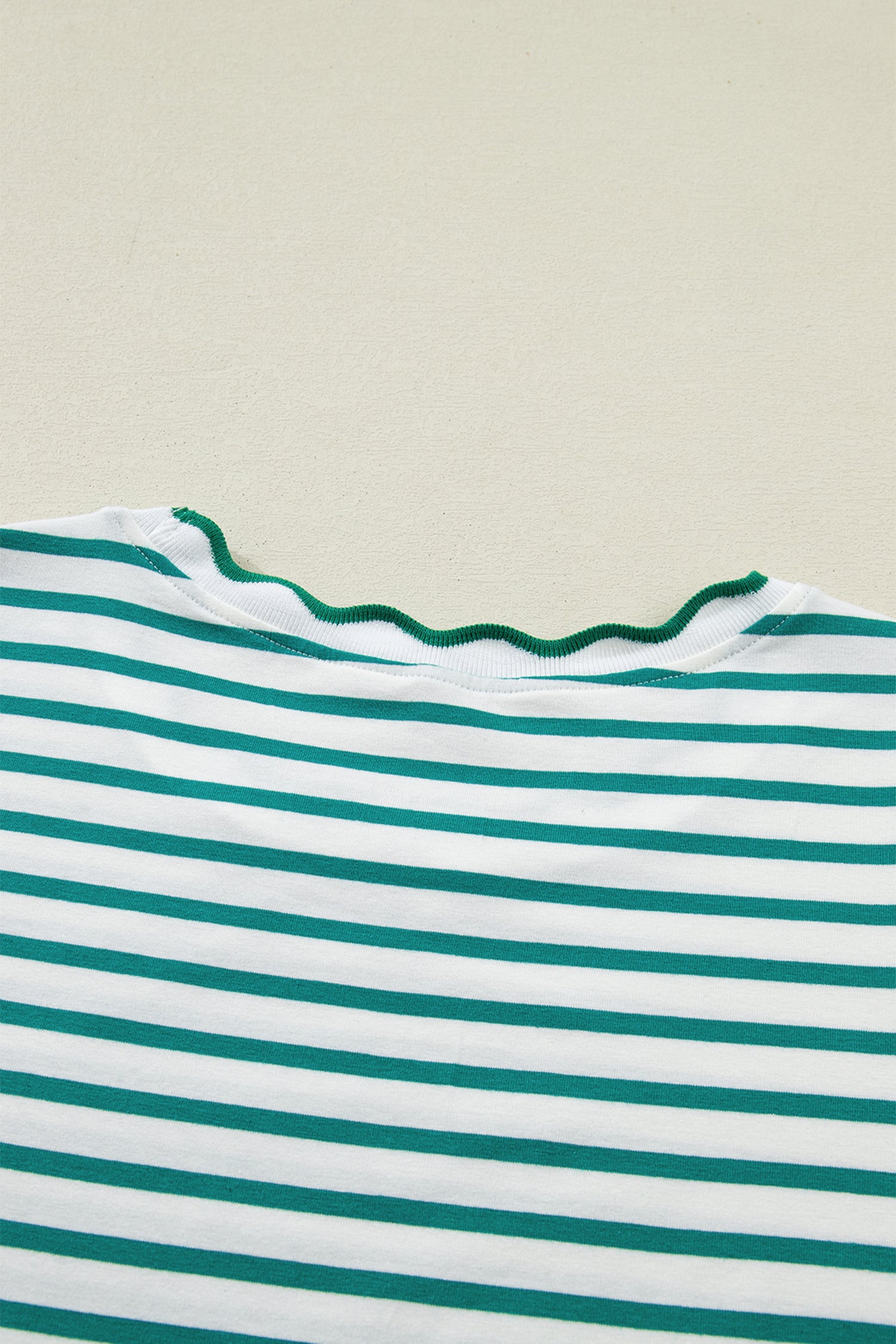 Red Stripe Scalloped Trim Round Neck T Shirt