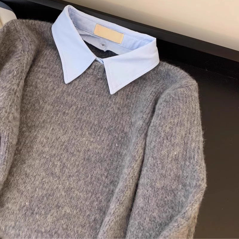 Women's Elegant Fake Two-Piece Sweater, Collared Long Sleeve Pullover With Button Detail For Versatile Layering