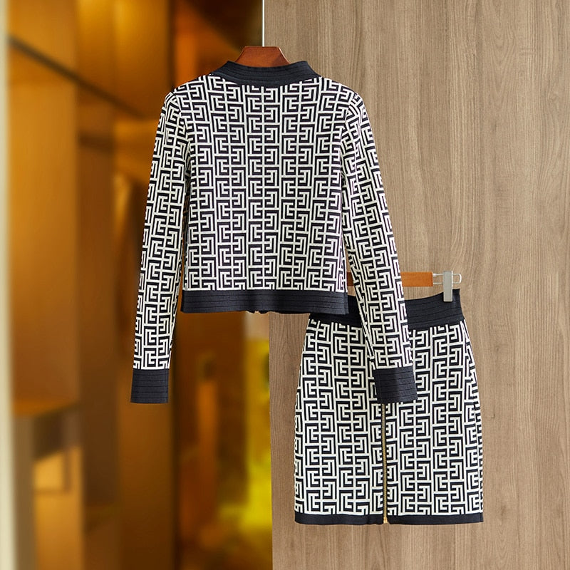 New Autumn Spring Elegant Texture Pattern Elastic Knitted Casual Women 2 Pieces Skirt Sets Sweater Jacket Suits