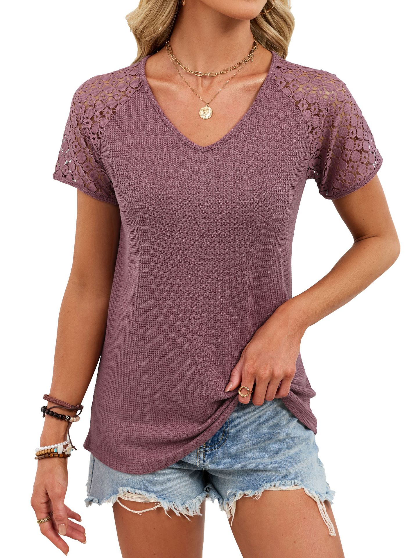 V-Neck Waffle-Knit Grace Panel-Sleeve Casual Womens T-Shirt