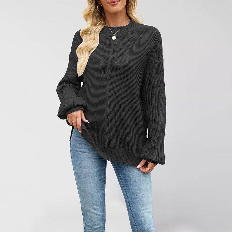 Knitted Solid Color Half Collar Loose Pullover New Sweater