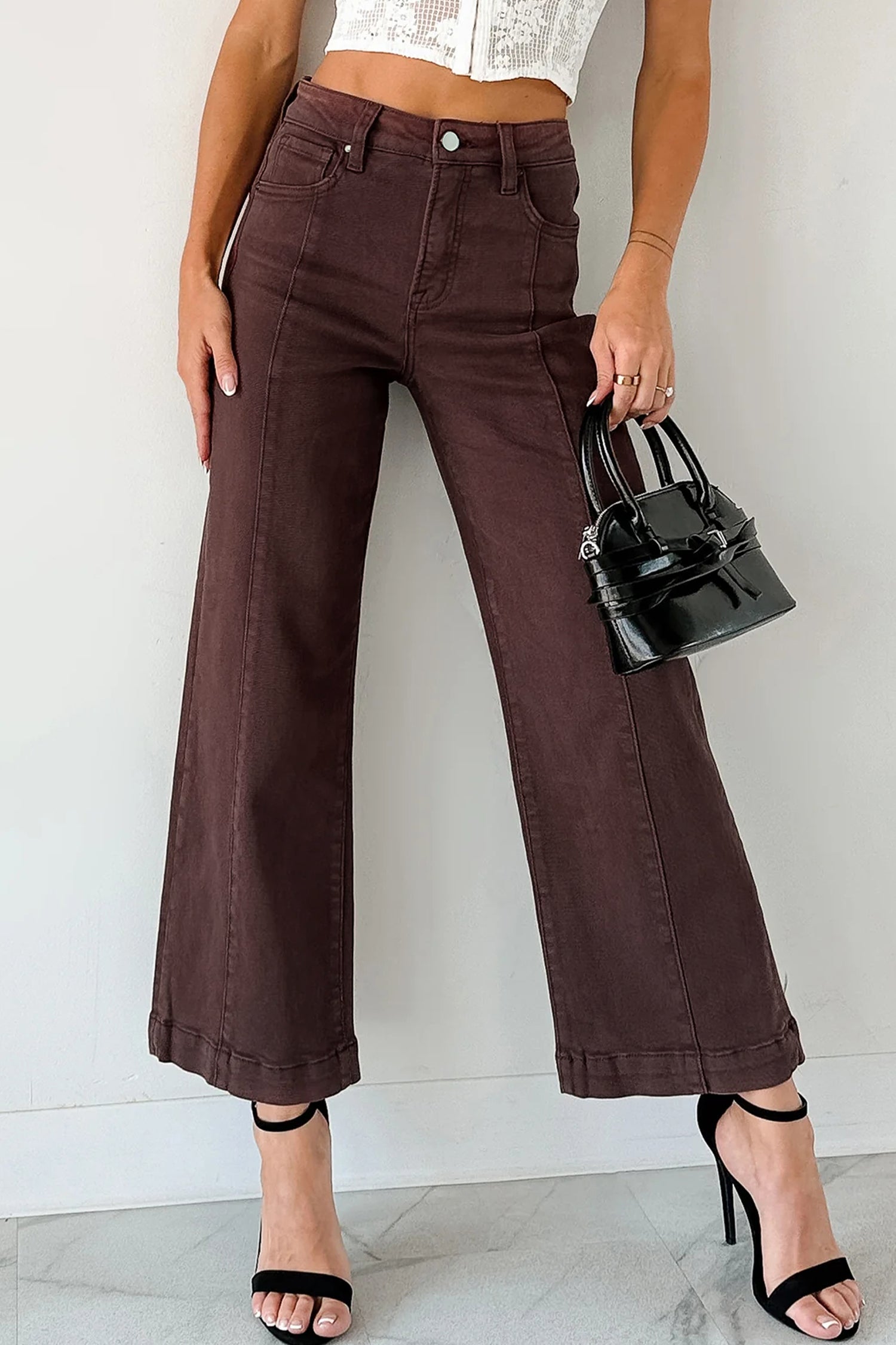 Red Sandalwood Solid Color Seamed Center Wide Leg Cropped Jeans