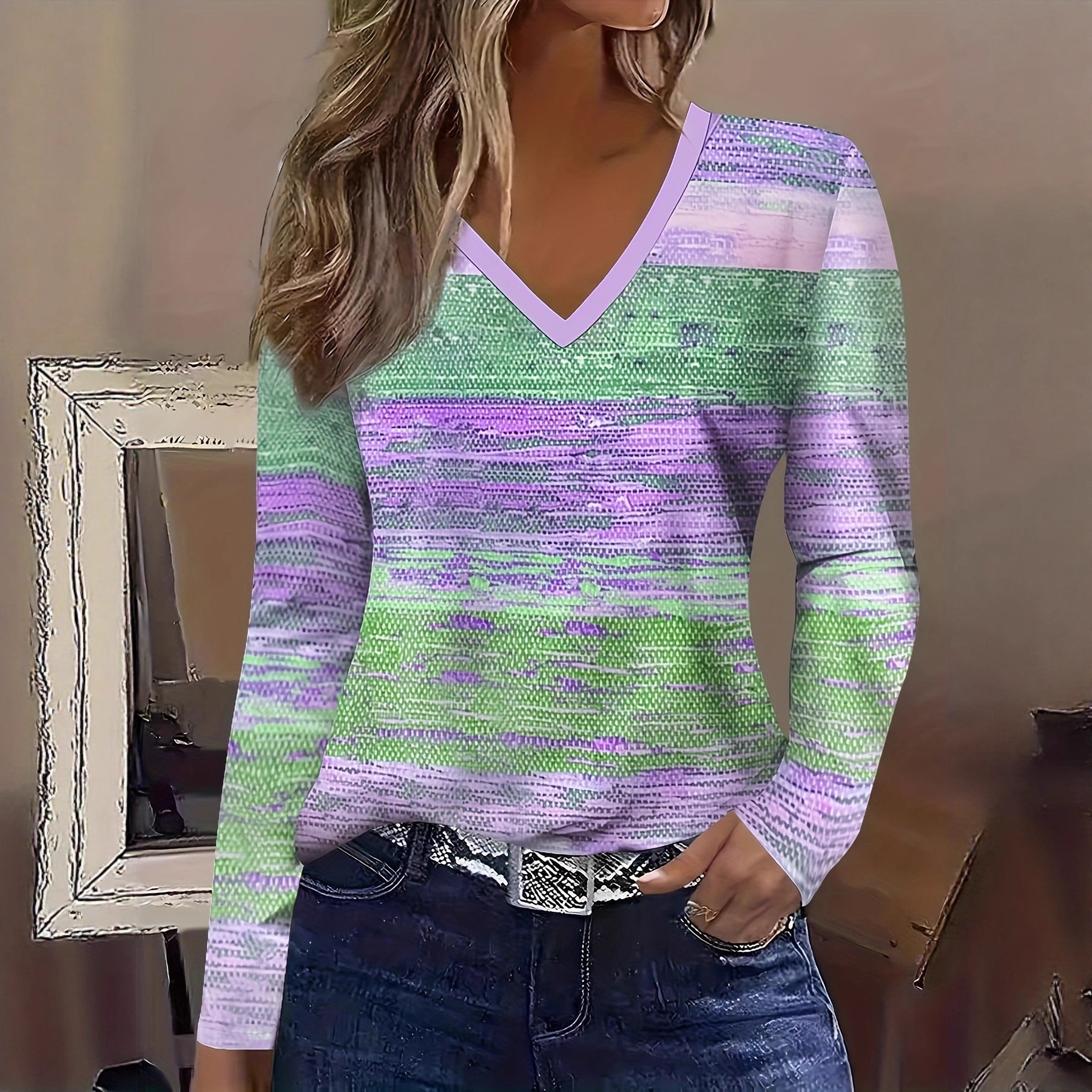 New Christmas Snowman V-neck Printed Long-sleeve Womens Top