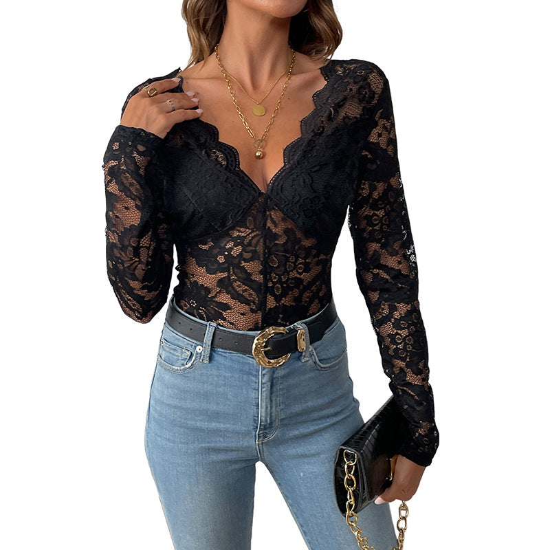 Sexy Elegant Graceful Solid Color Long Sleeve Lace Jumpsuit