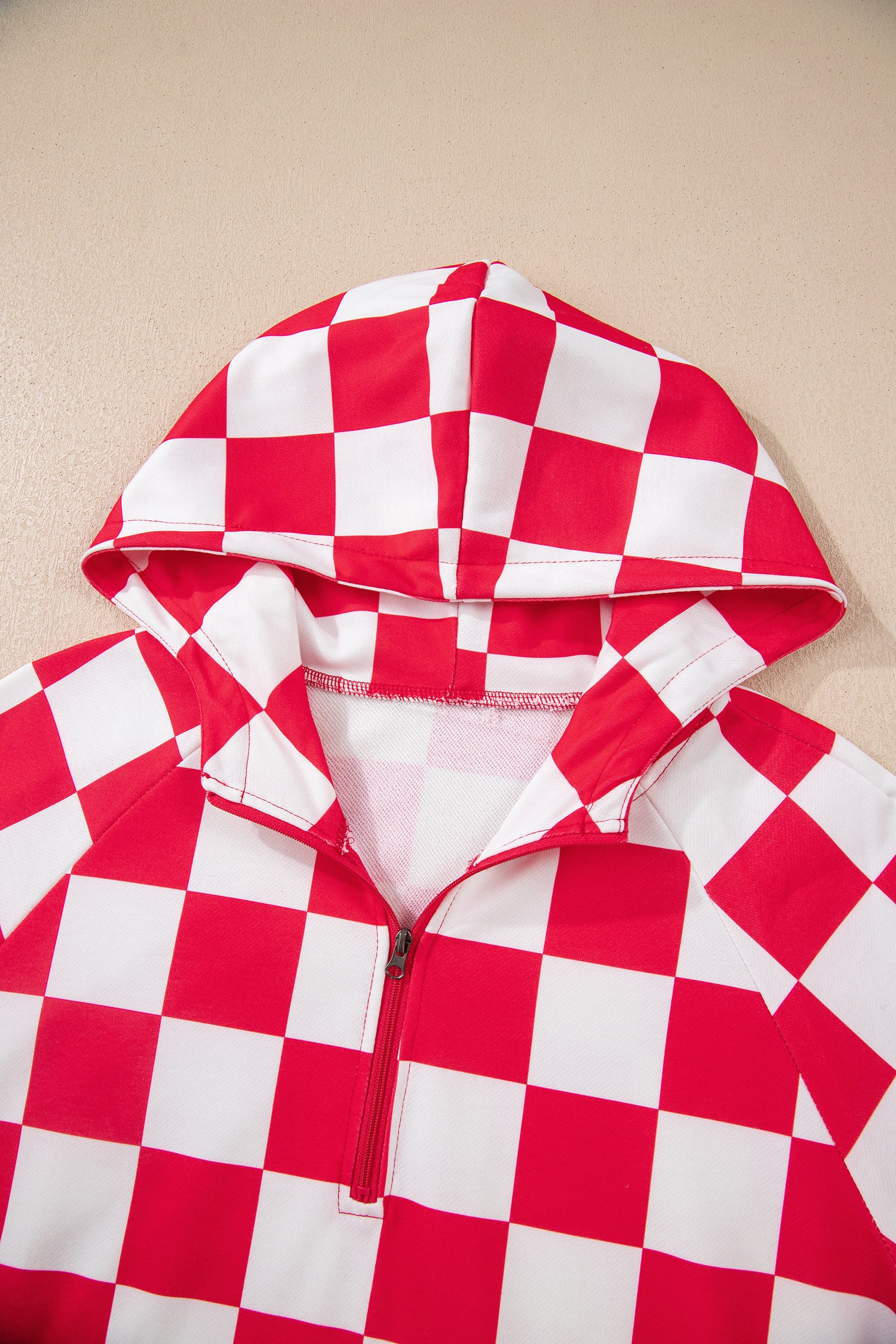 Red Checkered Print Half Zip Hoodie Loose Pant Set