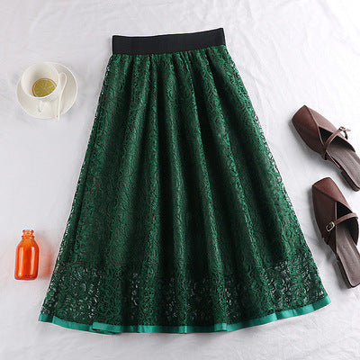Spring And Summer Elastic High Waist Slimming Lace Crochet Hollow Large Swing A- Line Umbrella Skirt